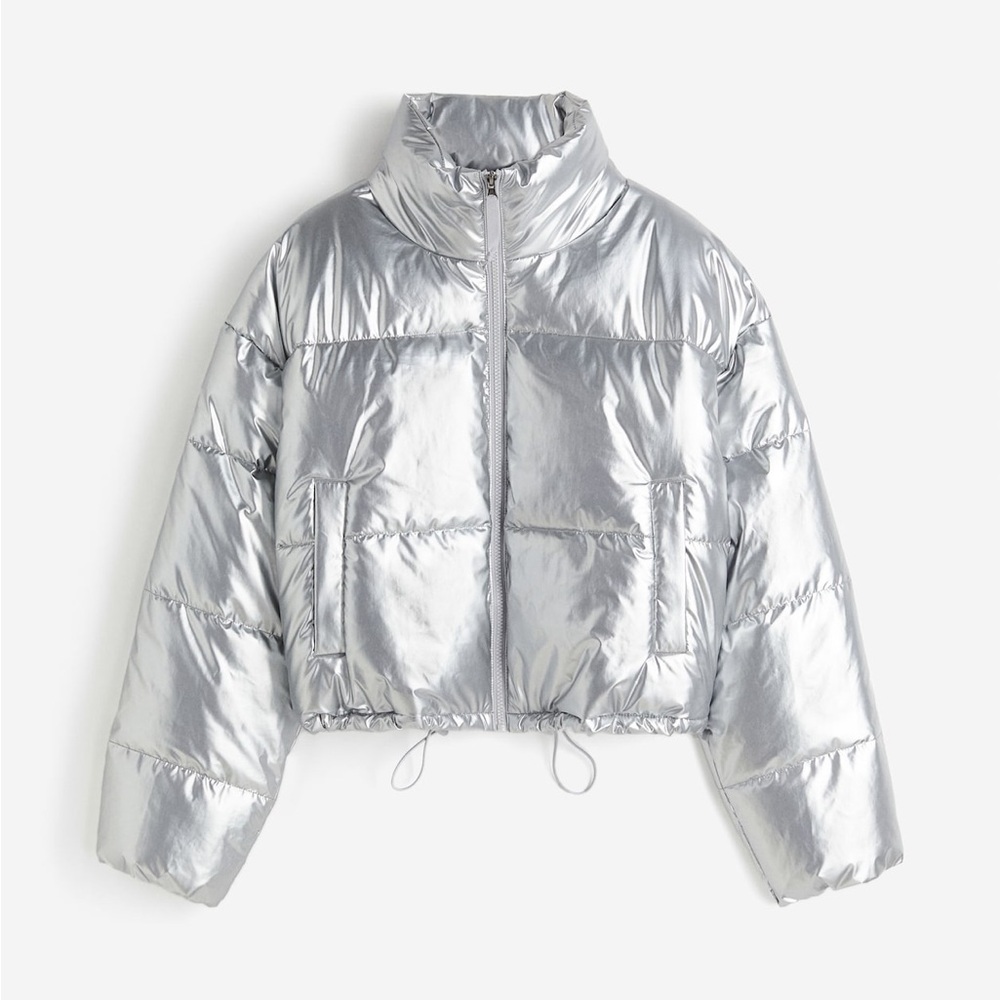 H&M Shiny Silver Metallic Women's Puffer Jacket Coat Small